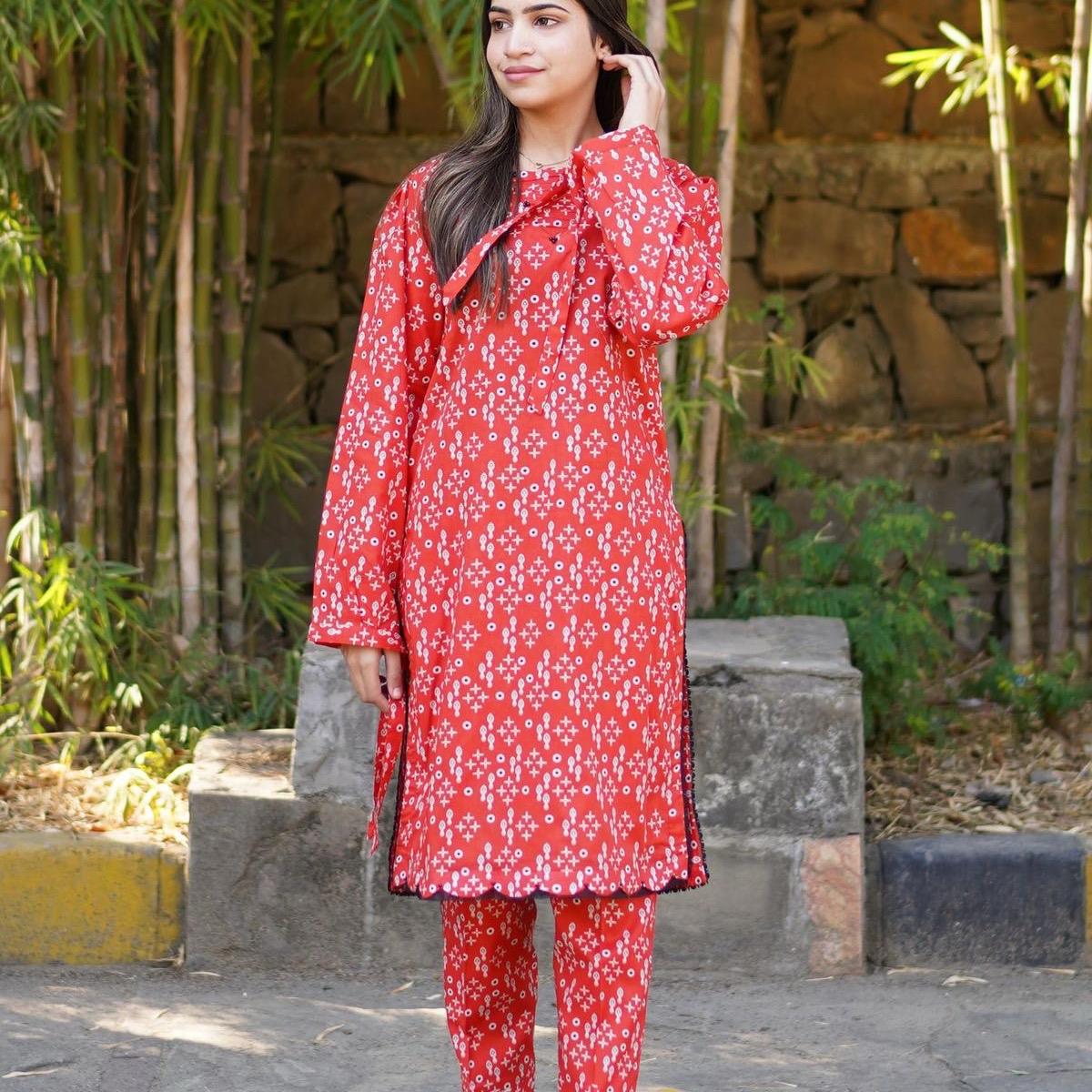 Red 2 pieces printed lawn dress mom & daughter Collection Comfort Suits